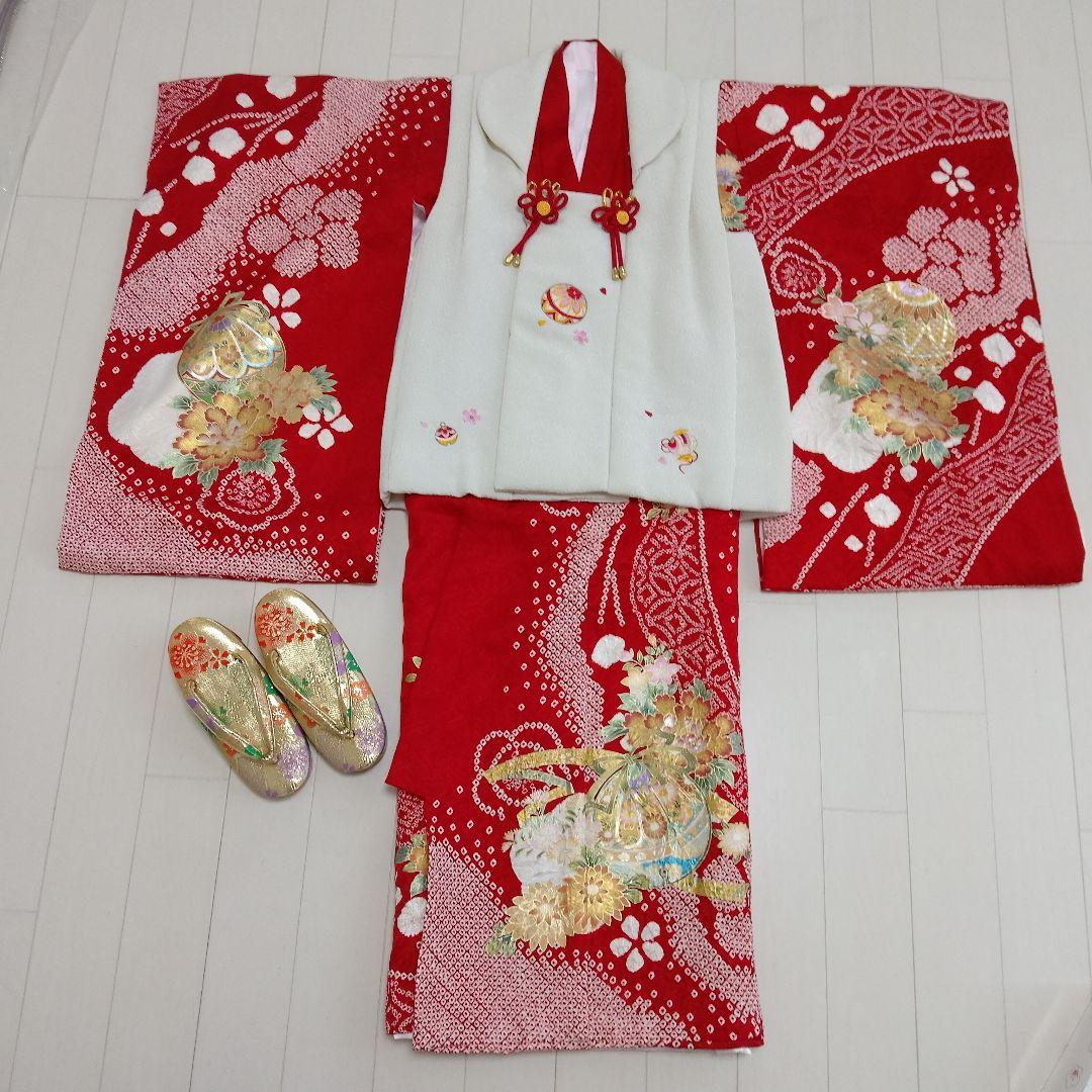 七五三 着物 正絹赤色 花柄刺繍　被布　 草履付き