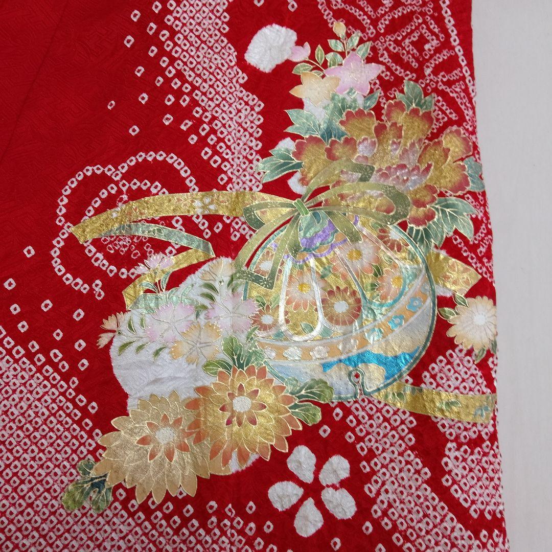 七五三 着物 正絹赤色 花柄刺繍　被布　 草履付き