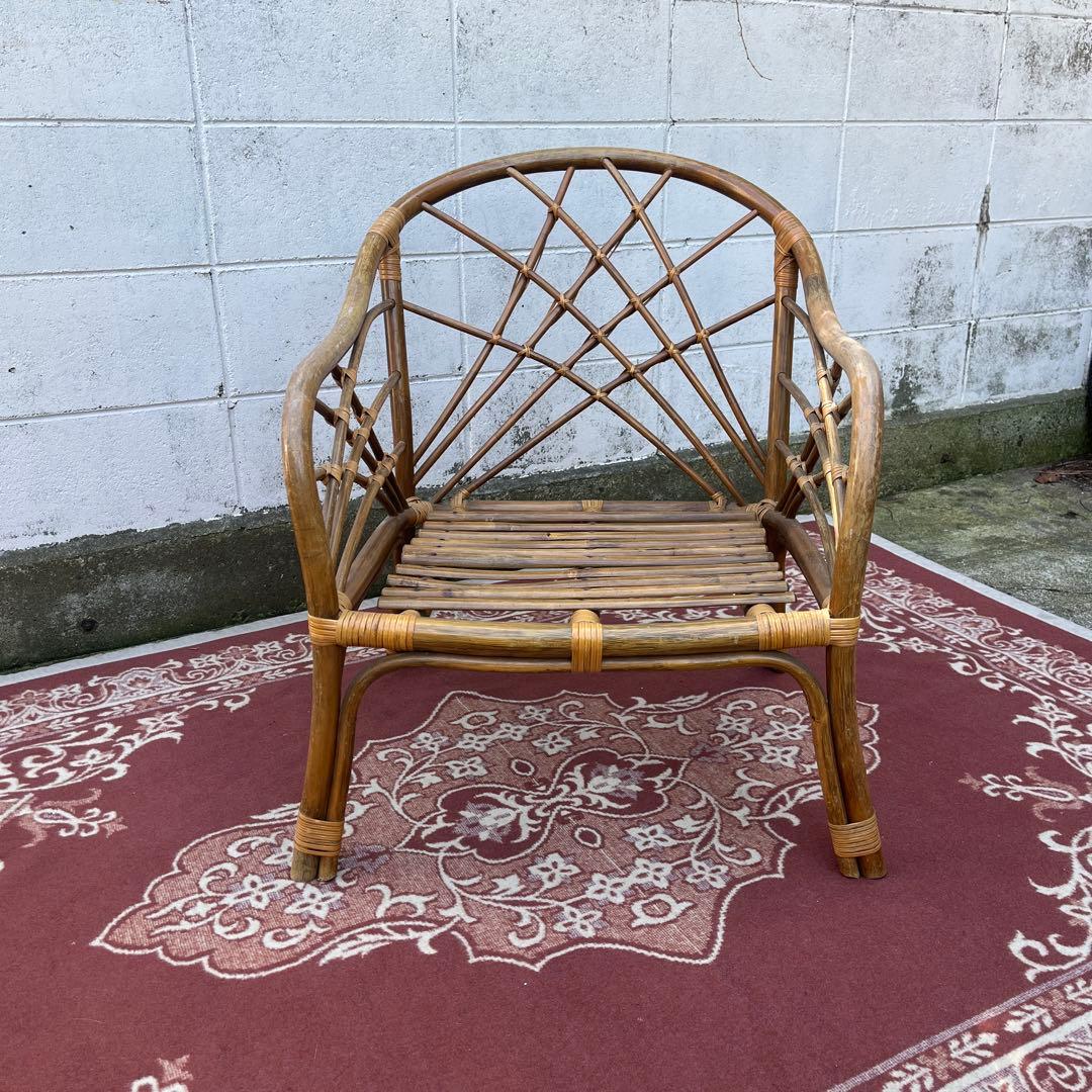 古家具ビンテージ品◾️籐ラタンフレーム ローチェア 肘掛けアームチェア 籐家具