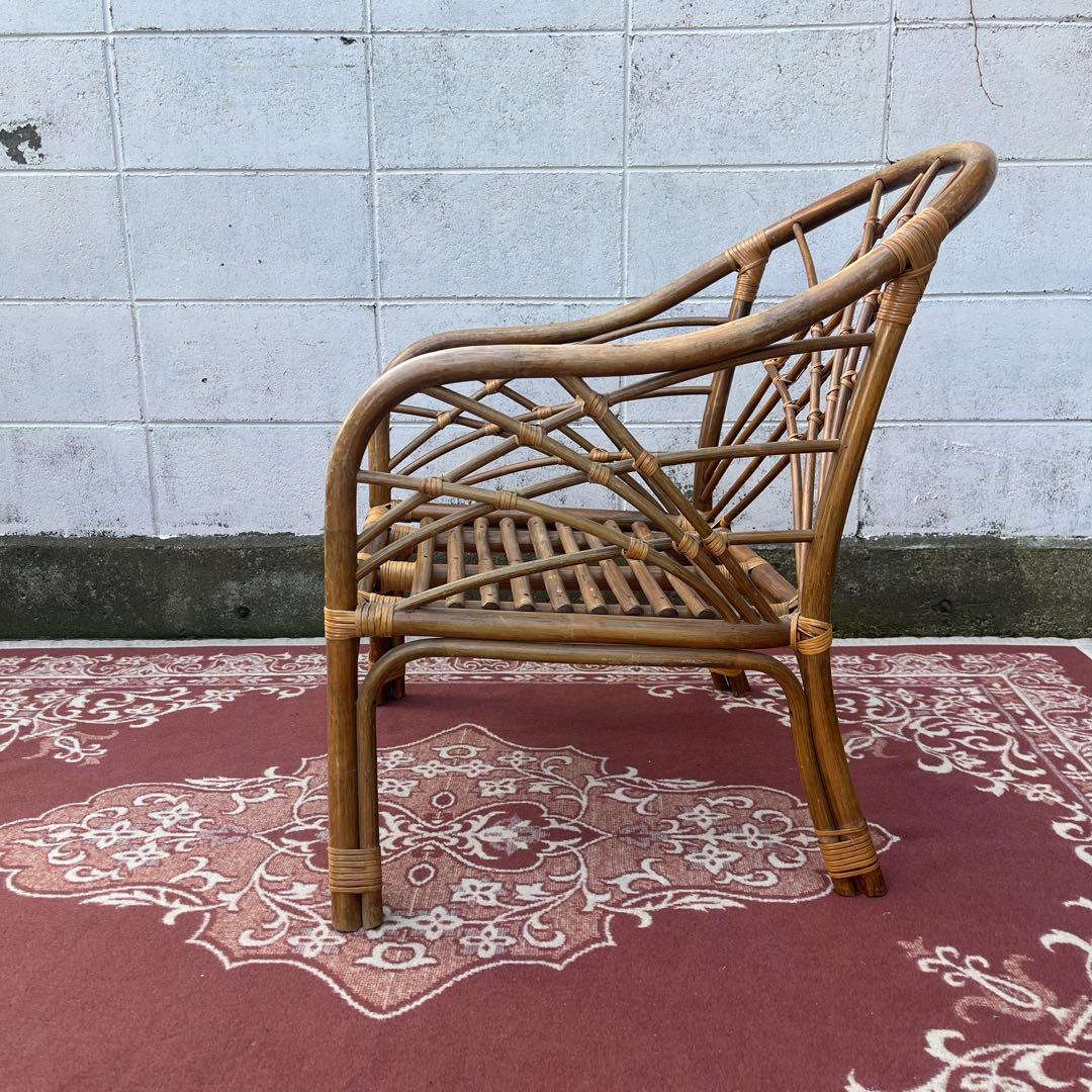 古家具ビンテージ品◾️籐ラタンフレーム ローチェア 肘掛けアームチェア 籐家具