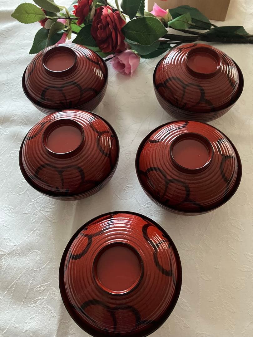 未使用❤️希少 アソベ光石謹製 朱色 梅柄蓋つき煮物椀5個 木箱付き