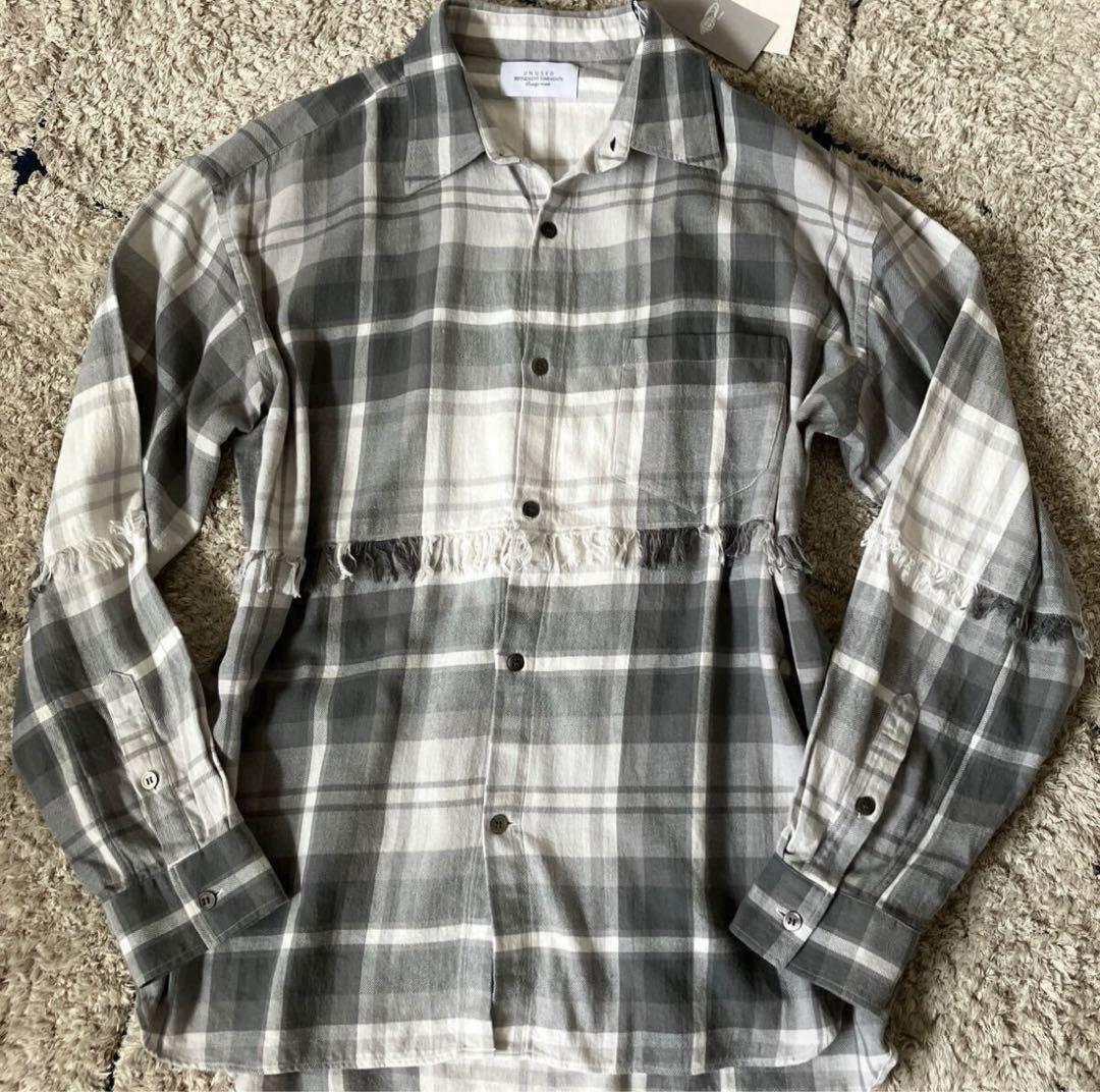 極美品　UNUSED アンユーズド チェックシャツ フリンジ 長袖 グレー