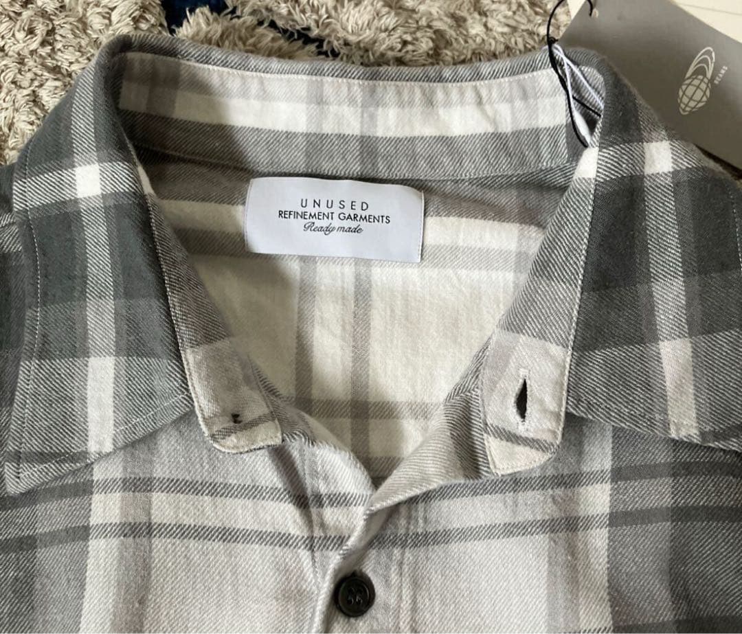 極美品　UNUSED アンユーズド チェックシャツ フリンジ 長袖 グレー