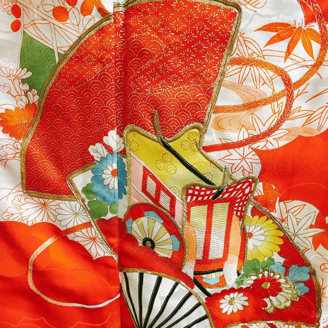 フルセット 七五三 7歳女の子 長着＆長襦袢＆帯＆小物オレンジ扇子御所車金糸地紋