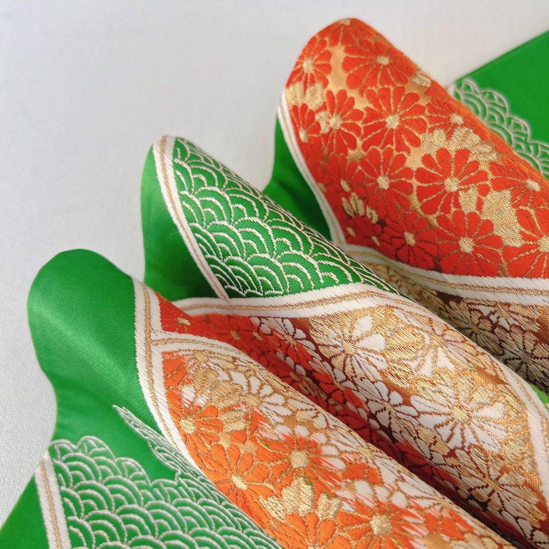 フルセット 七五三 7歳女の子 長着＆長襦袢＆帯＆小物オレンジ扇子御所車金糸地紋