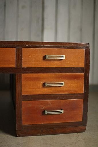 古い木製の片袖机　引き出し5杯　ワークデスク　作業台　古家具　アンティーク家具