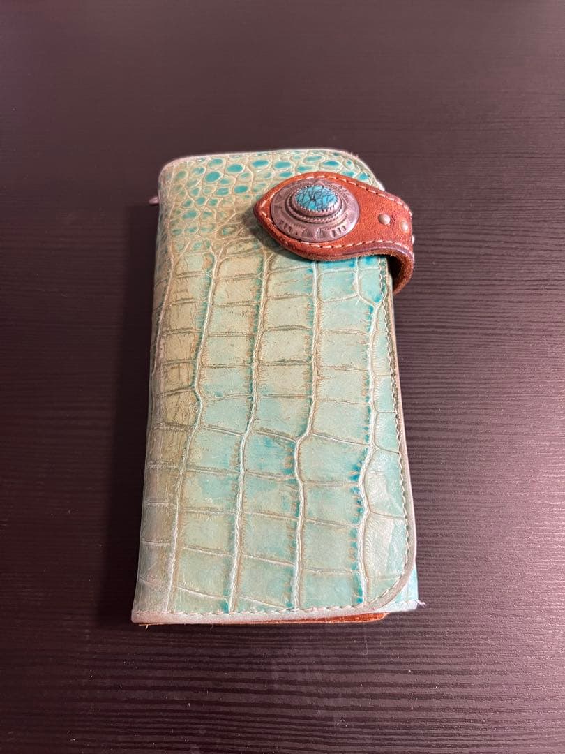 ALZUNI バイカーズレザー 長財布 ターコイズ コンチョ クロコ型押し