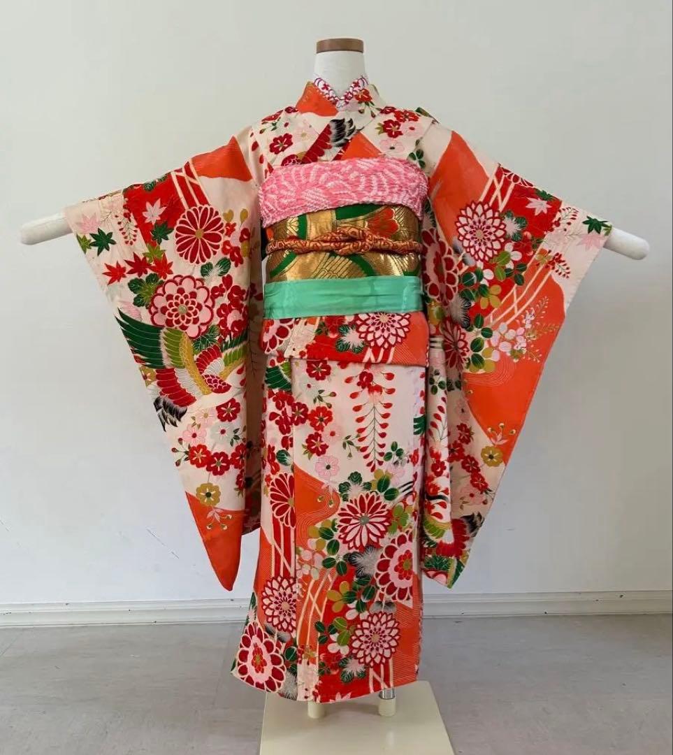 7歳七五三　ハーフ成人式　アンティーク正絹着物、西陣織帯、帯揚げ、帯締め　しごき
