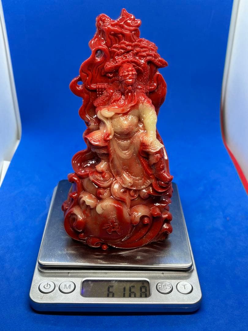 極美品 寿山石荔枝凍 忠義関公精雕置物台座付約15×8×6cm610g 5896
