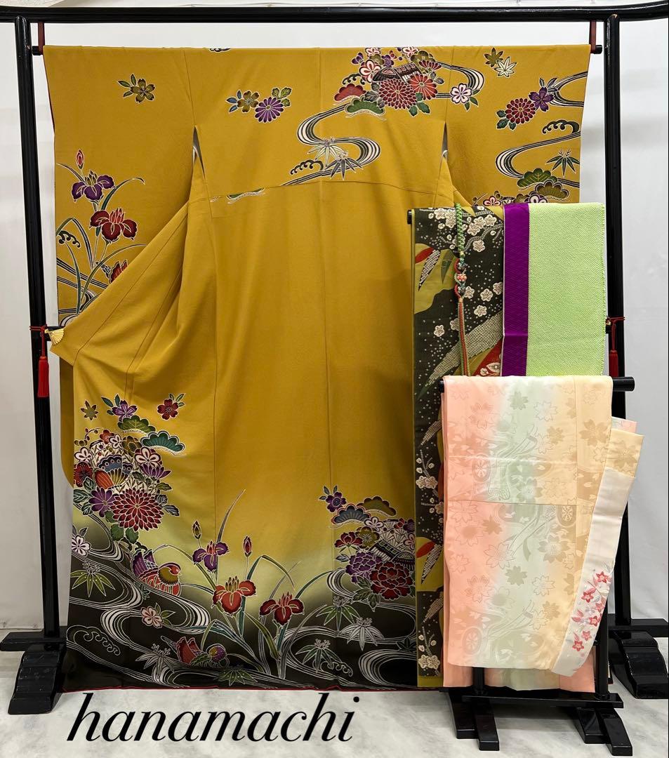 振り袖　フルセット　別誂長襦袢付　高級紅型　手描き　万葉集　袋帯　529