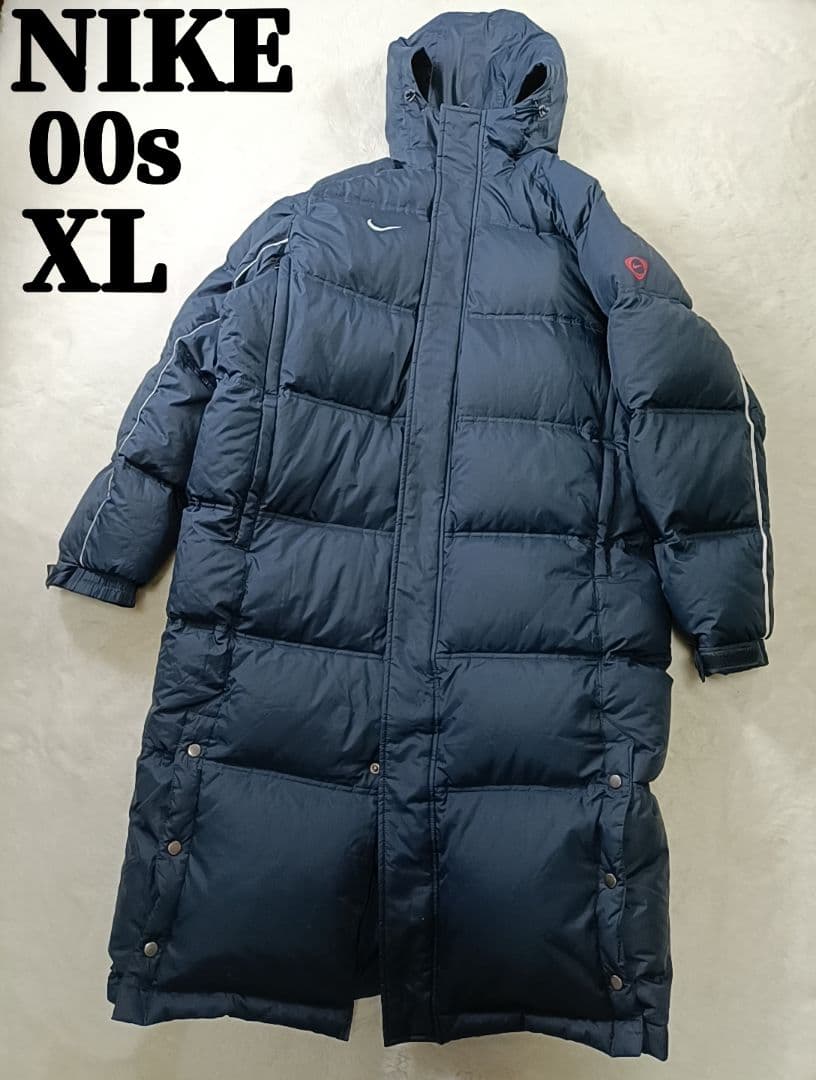 美品✨00s ナイキ ベンチコート ロング ダウン フェザー 防寒 ネイビーXL
