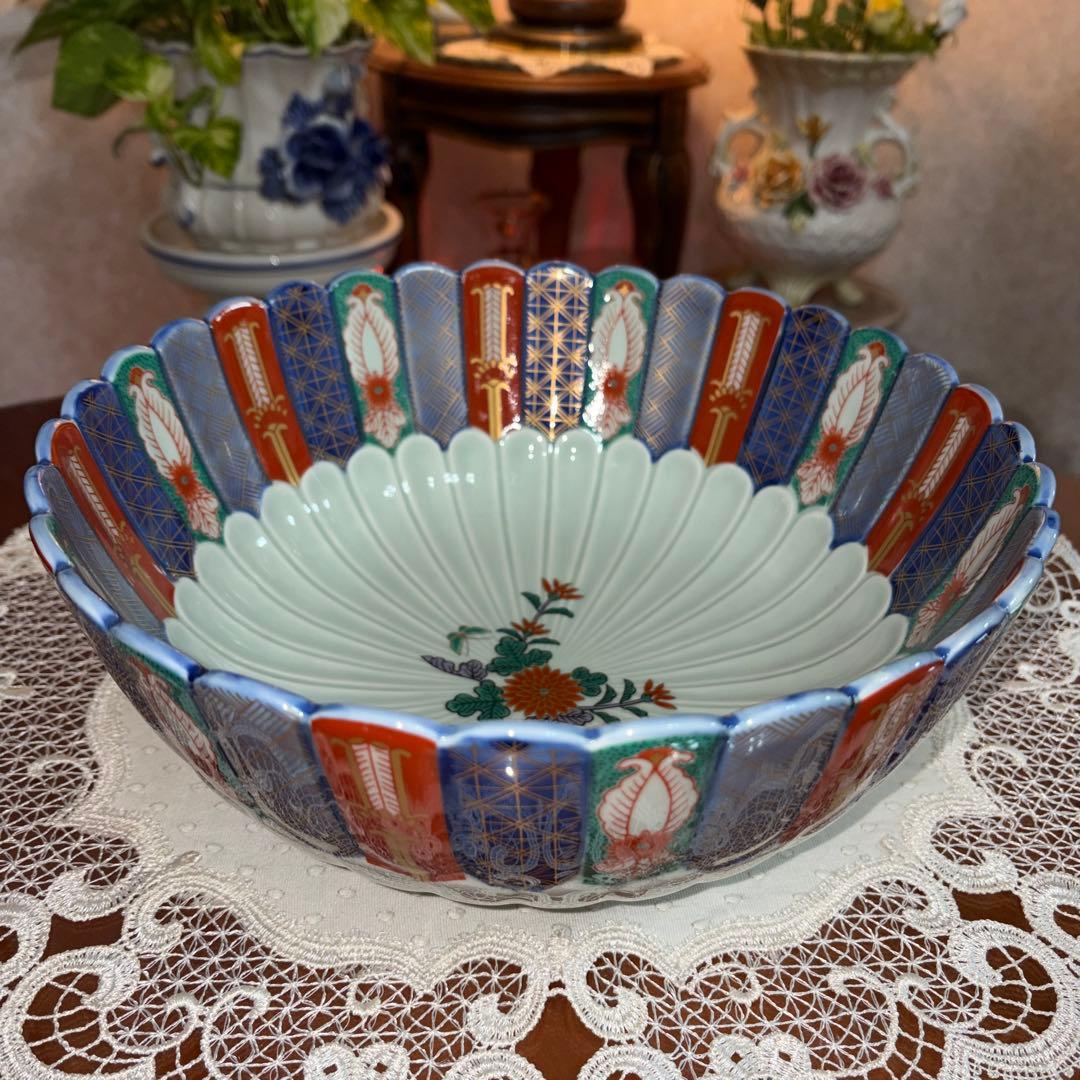 林九郎　染錦地紋　菊割　古伊万里　特大　大鉢　盛鉢　未使用