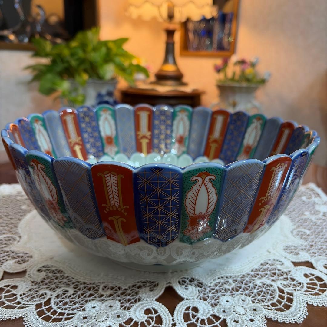 林九郎　染錦地紋　菊割　古伊万里　特大　大鉢　盛鉢　未使用