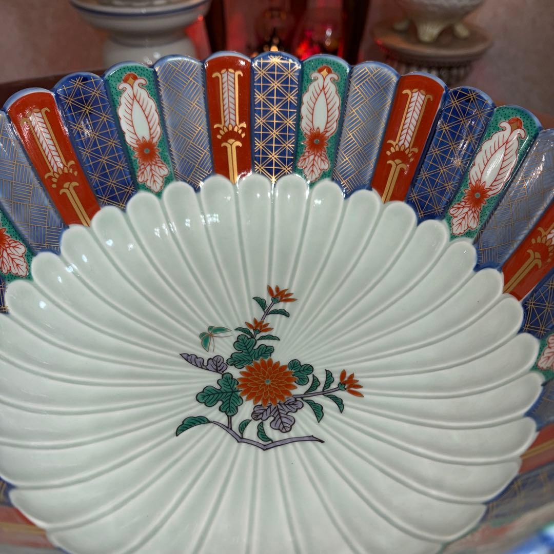 林九郎　染錦地紋　菊割　古伊万里　特大　大鉢　盛鉢　未使用