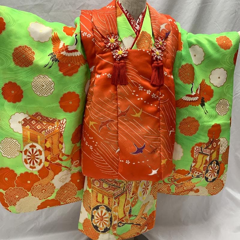 510ag43□七五三 三歳 女児 着物&被布&長襦袢 金駒刺繍 梅文□状態良好