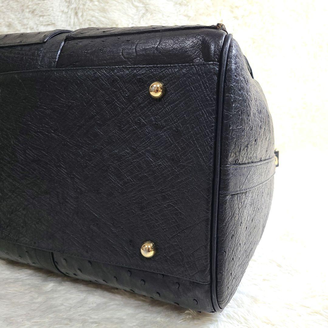 美品 大型 オーストリッチ本革 ボストンバッグ ゴールド金具 ブラック 2way