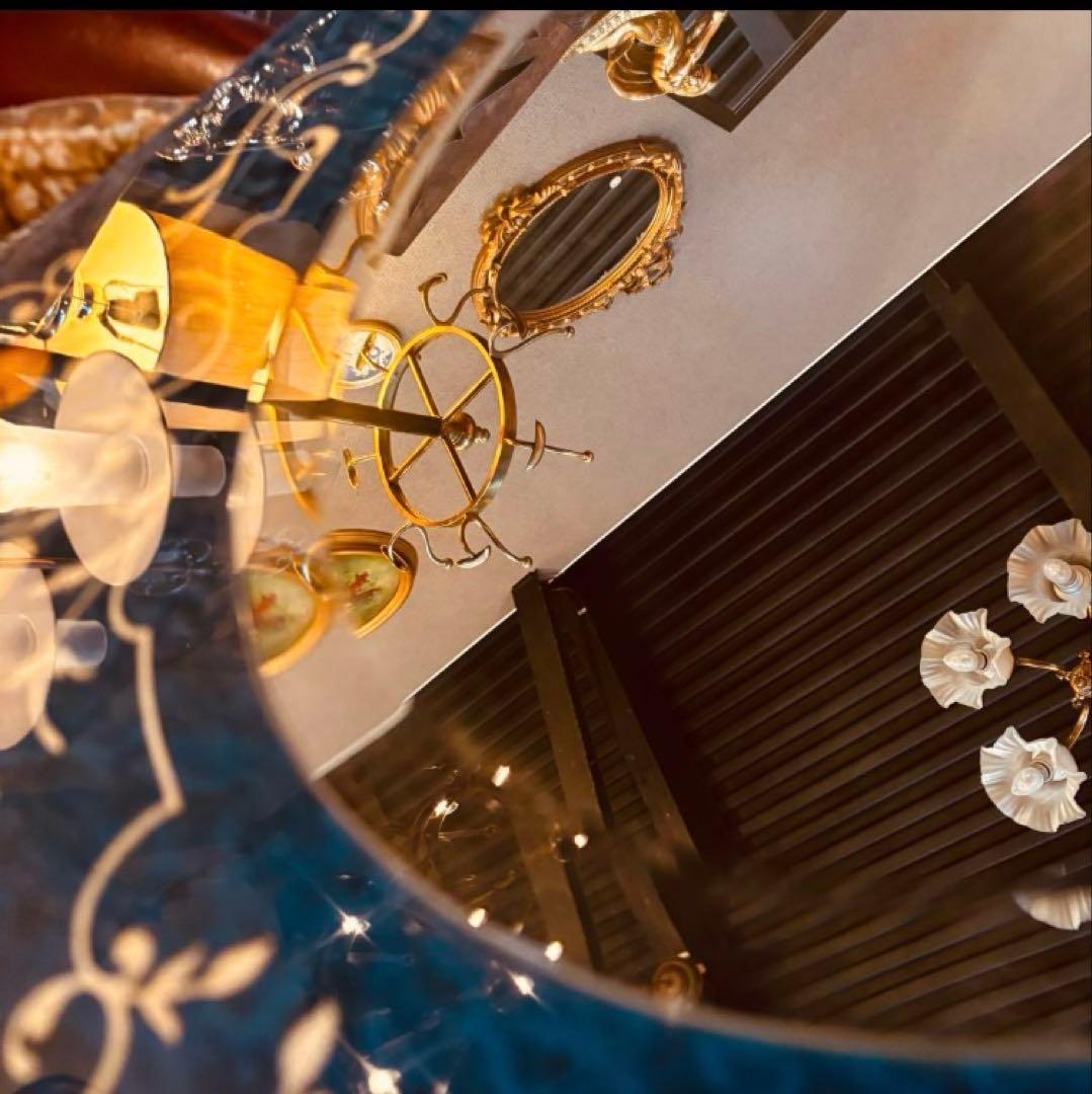 湯布院アンティーク イタリア ドマン ウォールミラー ブルー 大型鏡象嵌 ウッド