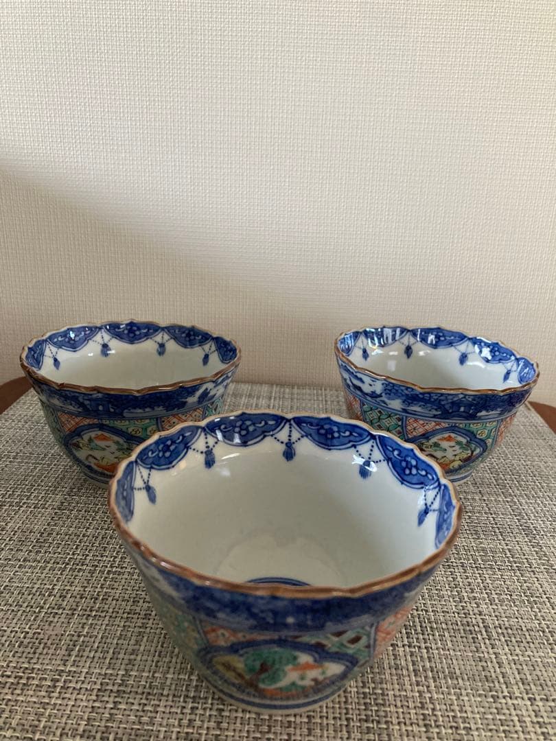 清水焼　昭阿弥　色絵木瓜山水　三鉢