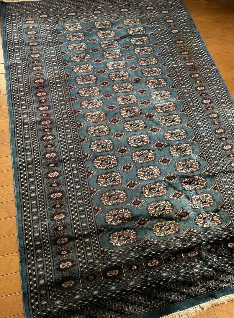 青色と茶色の幾何学模様のラグ 絨毯 ヴィンテージ