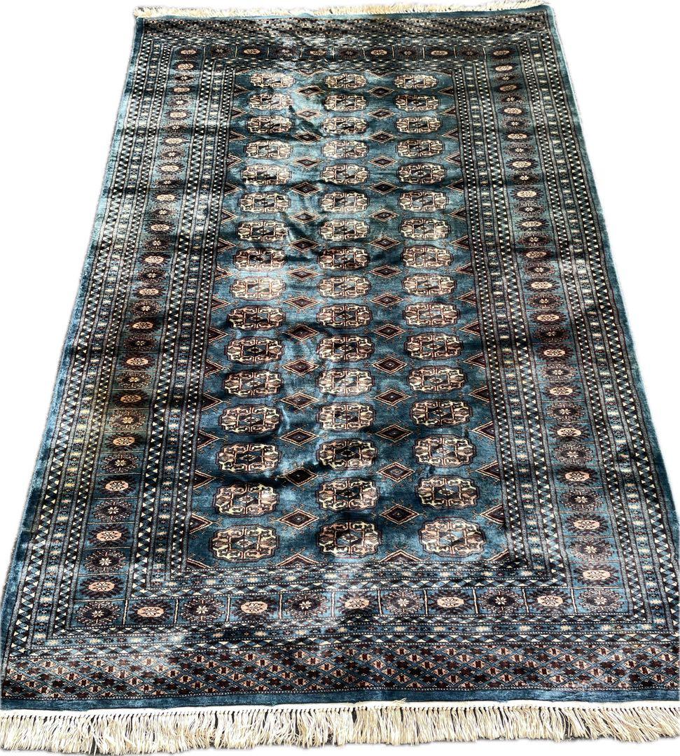 青色と茶色の幾何学模様のラグ 絨毯 ヴィンテージ