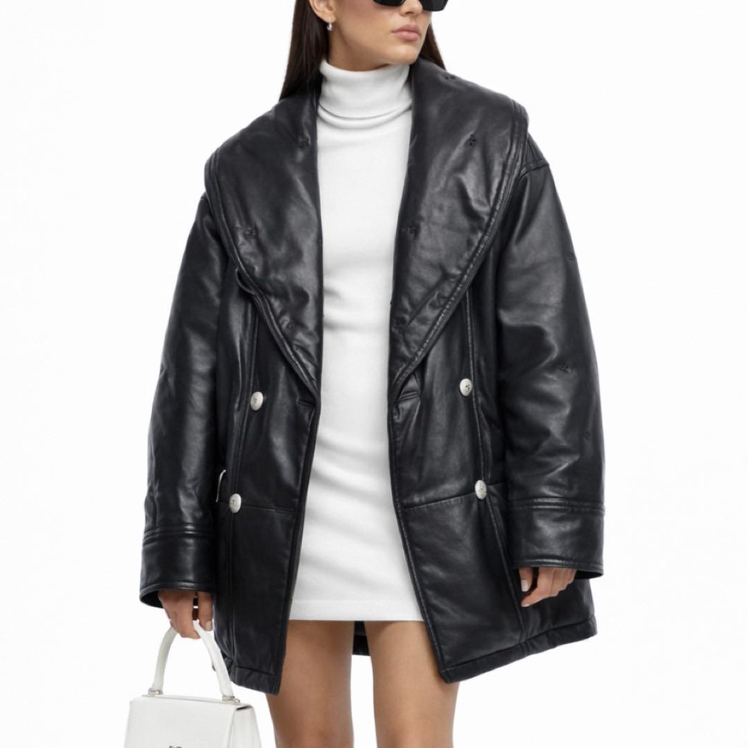 90s【希少】クレージュ/ダブルボタンレザーコート/ボリュームカラー/ブラック