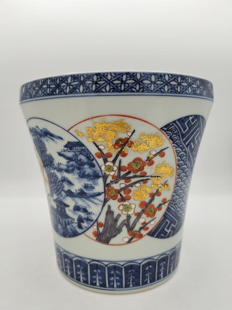 b618 水指 染付 色絵 丸紋ツナギ 四君子紋 西村徳泉 木箱 茶道具 古物