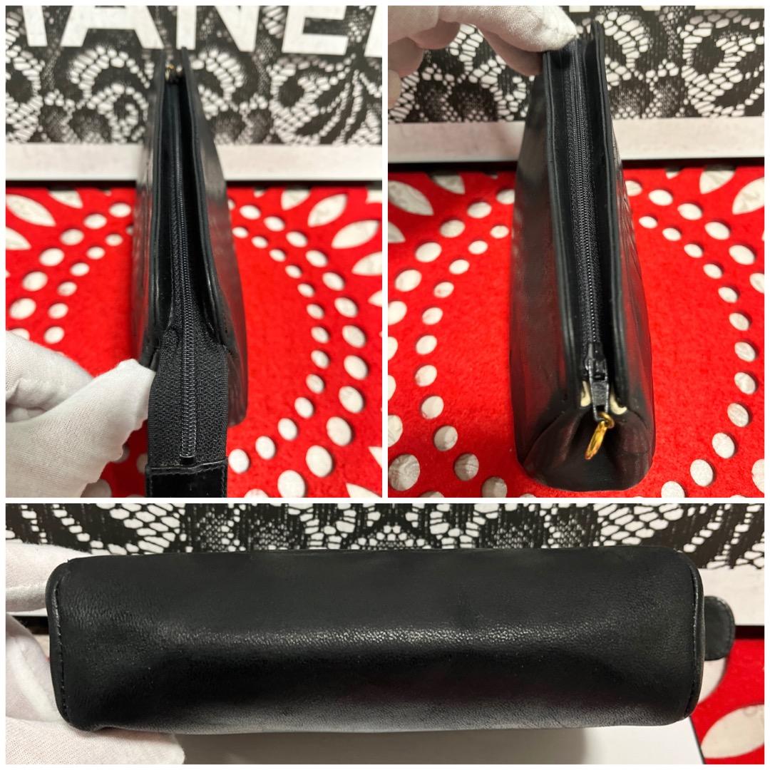 極上美品 シャネル CHANEL CC ポーチ ラムスキン ブラック 183