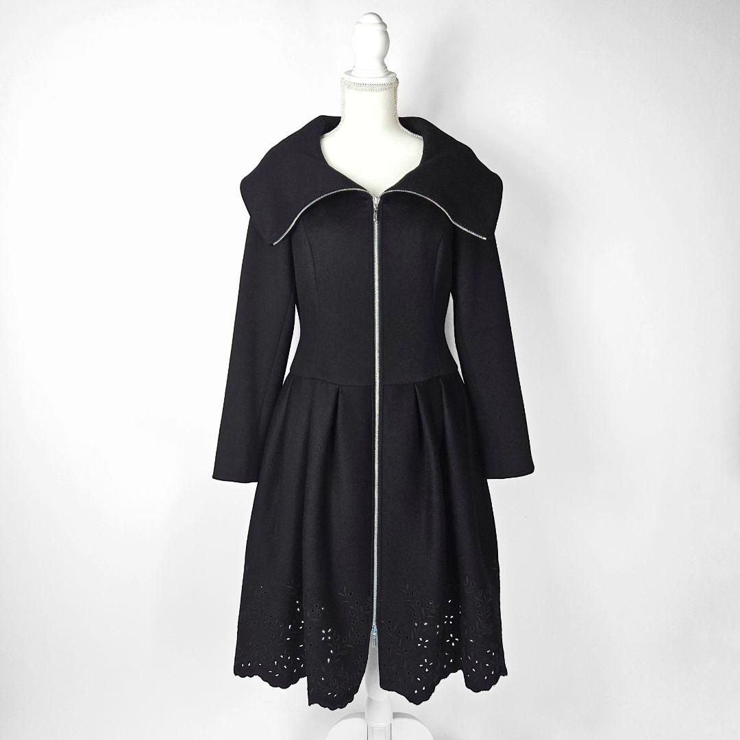 【新品同様】フォクシー　カシミヤ　コート　レース　刺繍　Aライン　タック　ウール