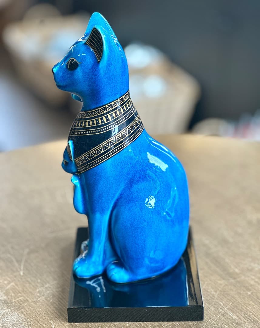 再値下げ　新品　青釉 オーナメント バステト 青釉金彩　親子　古代 エジプト神話
