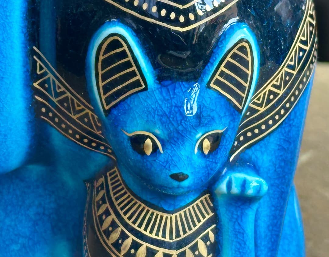 再値下げ　新品　青釉 オーナメント バステト 青釉金彩　親子　古代 エジプト神話