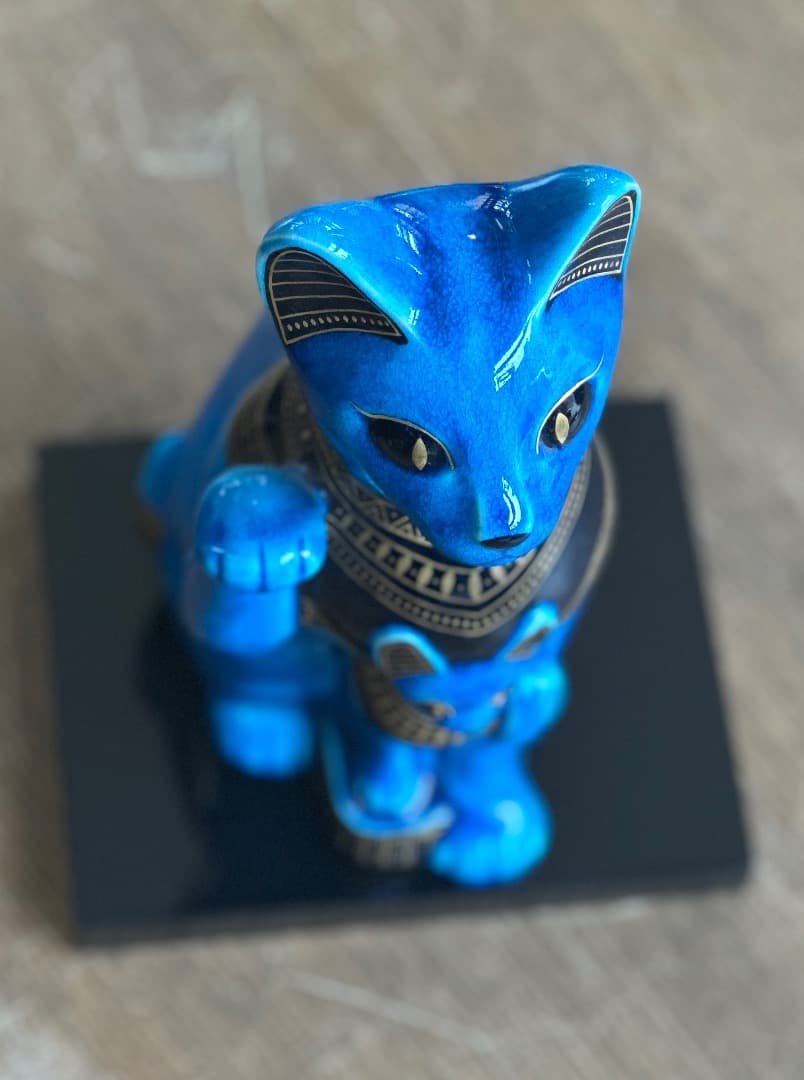 再値下げ　新品　青釉 オーナメント バステト 青釉金彩　親子　古代 エジプト神話