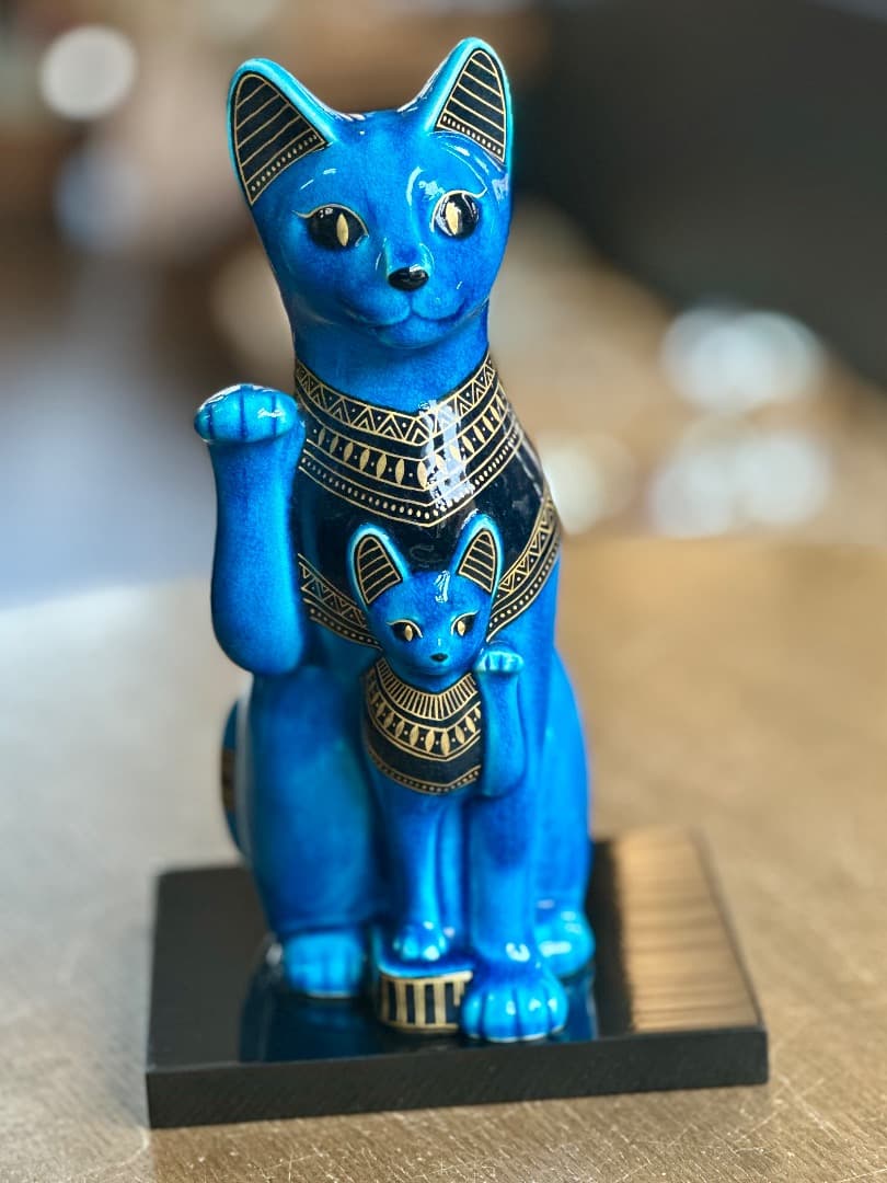 再値下げ　新品　青釉 オーナメント バステト 青釉金彩　親子　古代 エジプト神話