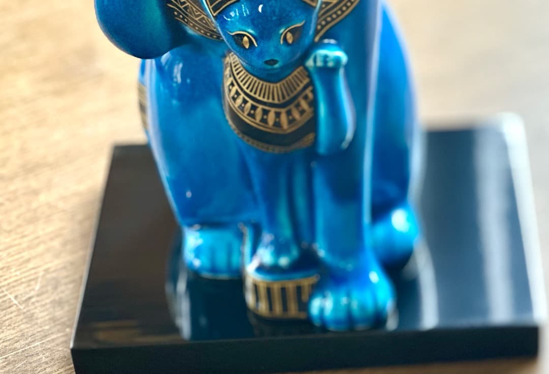 再値下げ　新品　青釉 オーナメント バステト 青釉金彩　親子　古代 エジプト神話