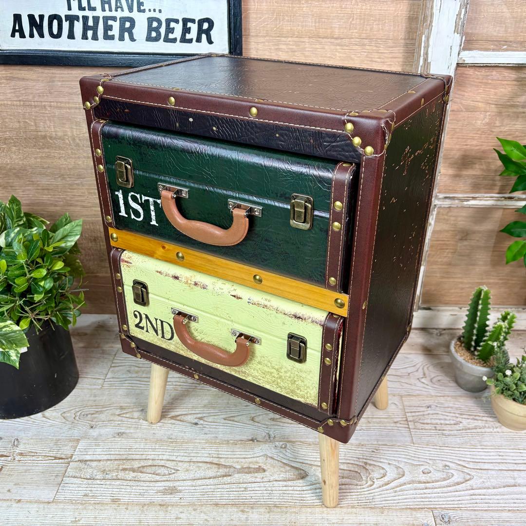 アンティーク調レザートランクチェスト二段脚付（41㎝×60㎝）洋タンス木製飾り棚