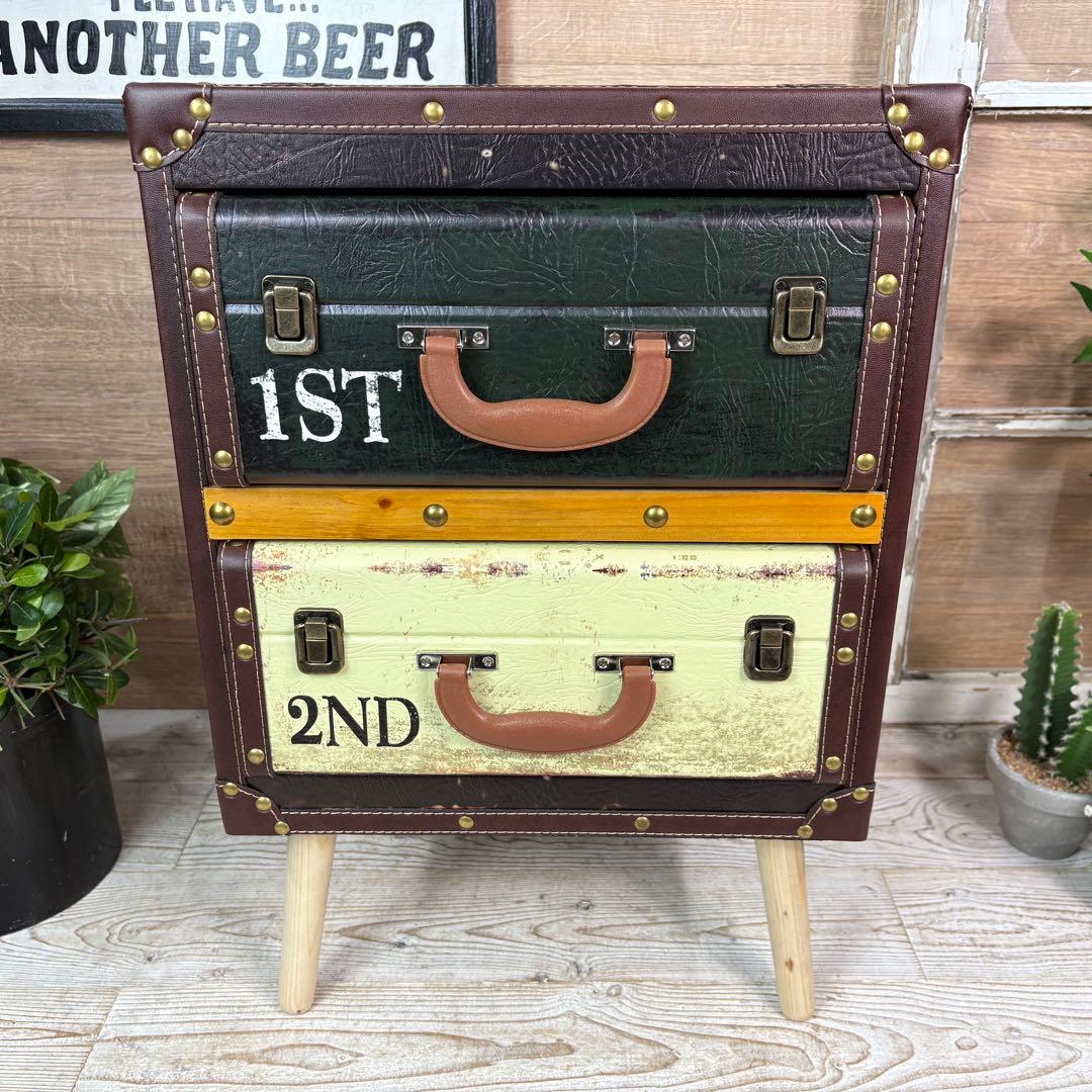 アンティーク調レザートランクチェスト二段脚付（41㎝×60㎝）洋タンス木製飾り棚