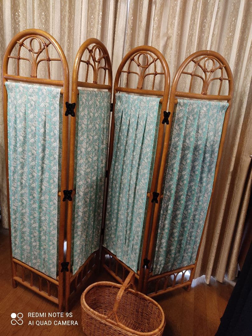 パーティション　衝立　　ラタン ぬく家具　籐　竹　バスケット　レース　刺繍