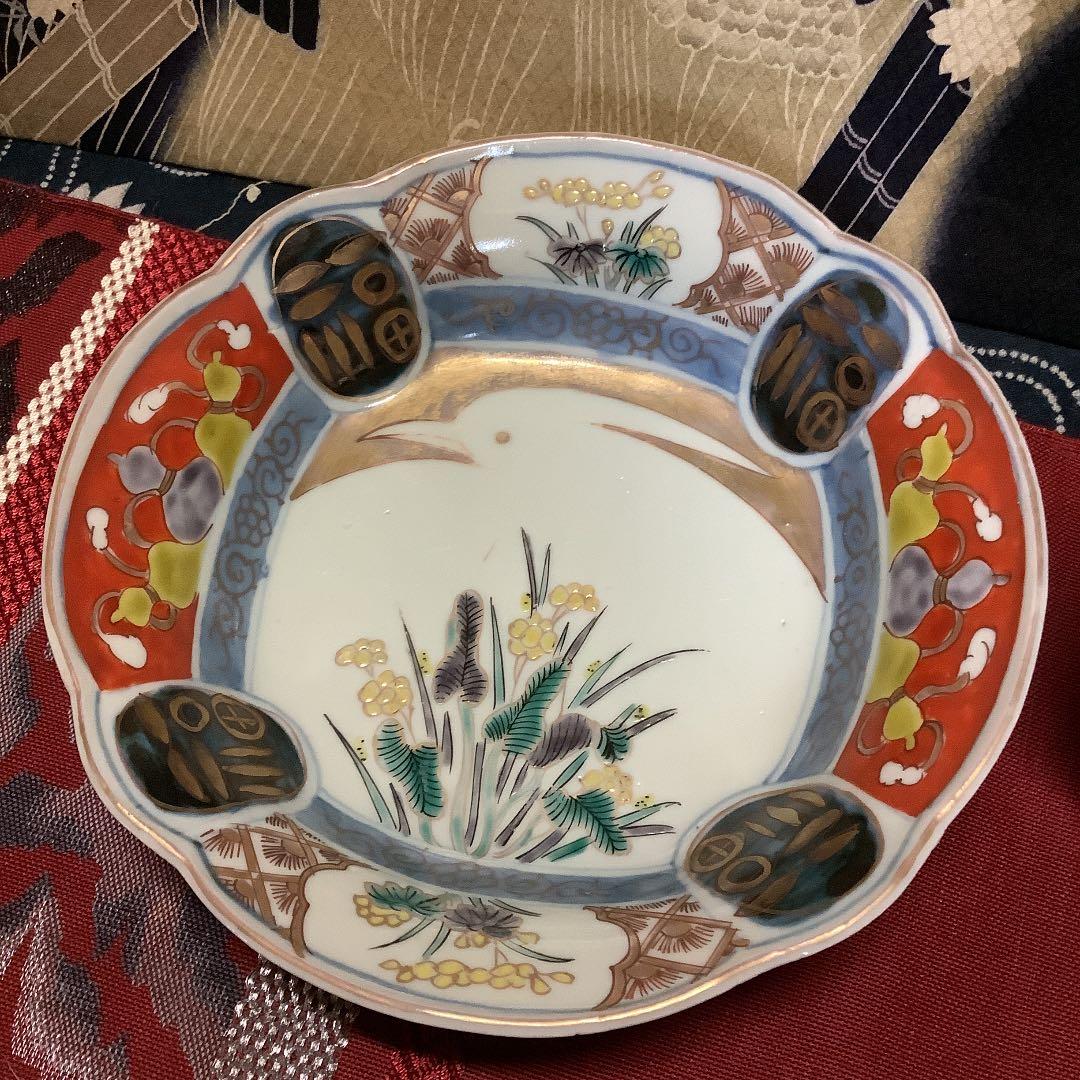 古伊万里　金彩色絵　絵皿　白鷺瓢箪　福紋　5客　江戸　李朝・大聖寺・九谷焼好きも