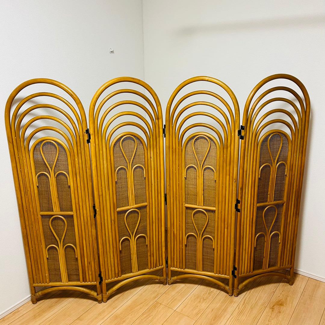 昭和レトロ エスニック 4連衝立 ラタンパーテーション 間仕切り パーティション