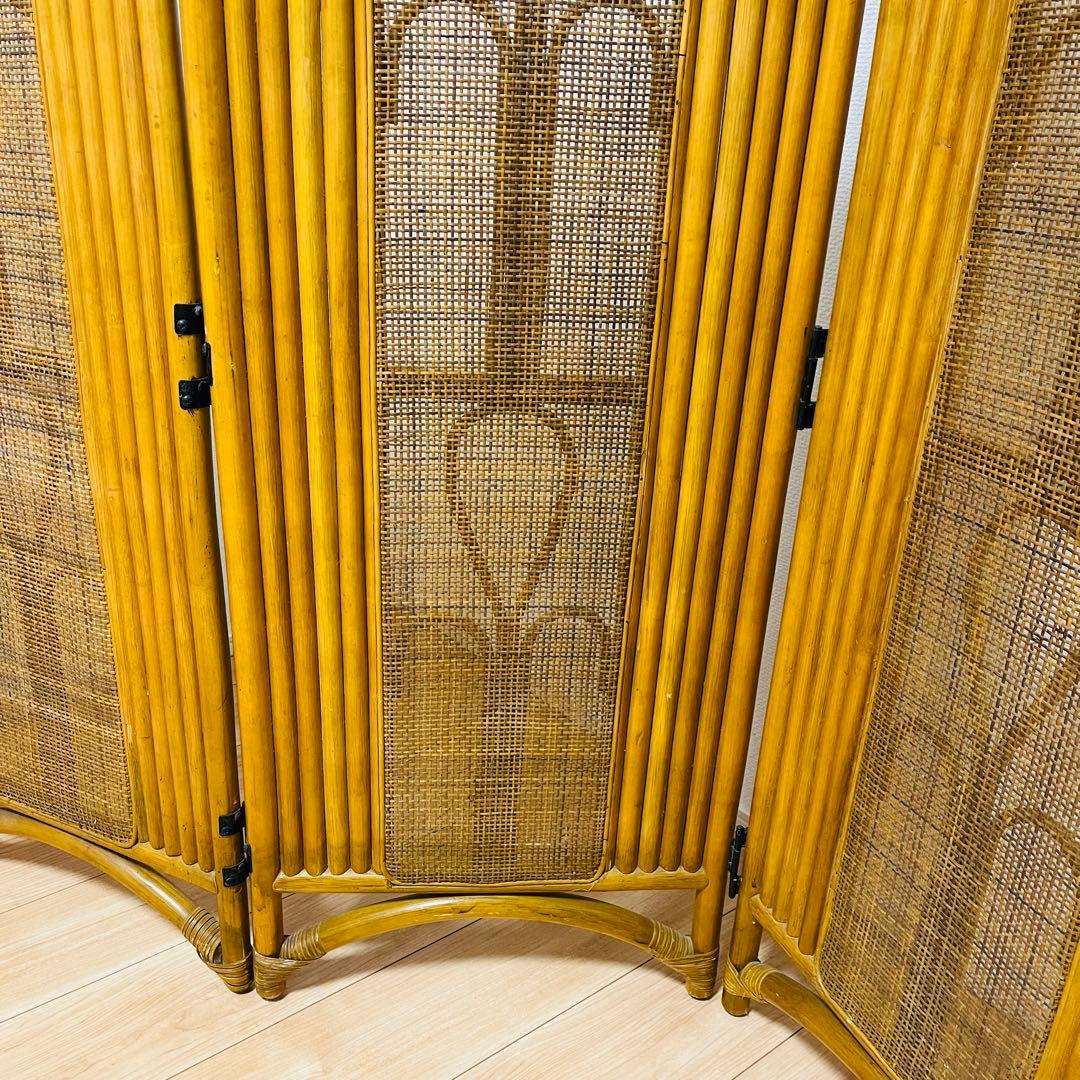 昭和レトロ エスニック 4連衝立 ラタンパーテーション 間仕切り パーティション