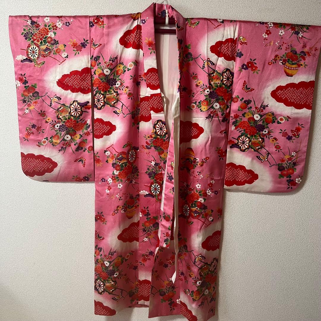 七五三　7歳　ピンク　アンティーク　着物セット　正絹