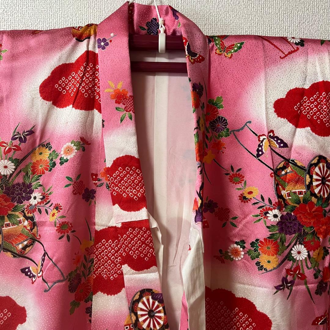 七五三　7歳　ピンク　アンティーク　着物セット　正絹