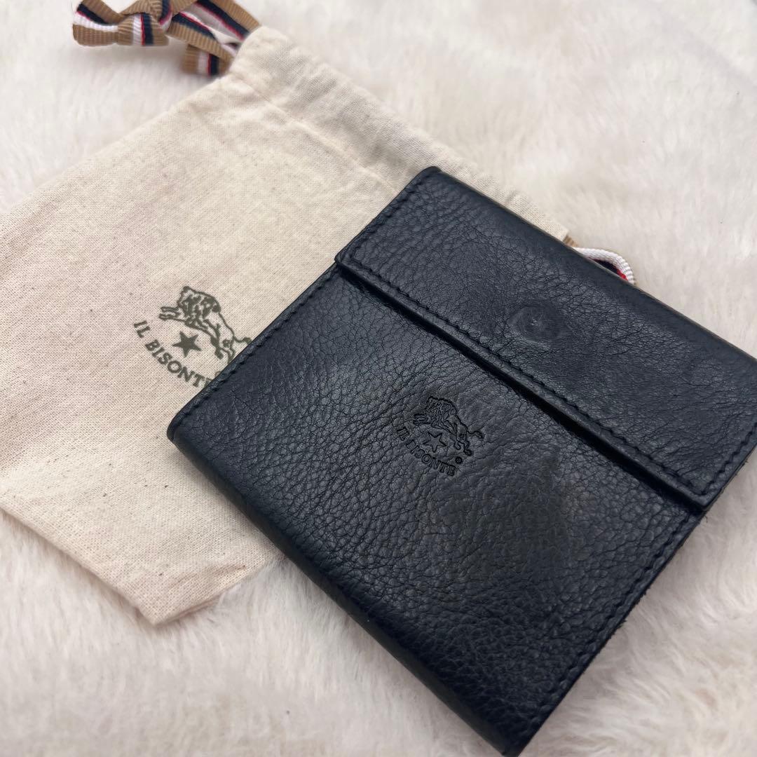 美品✨IL BISONTE 本革 折り財布 ブラック 巾着付