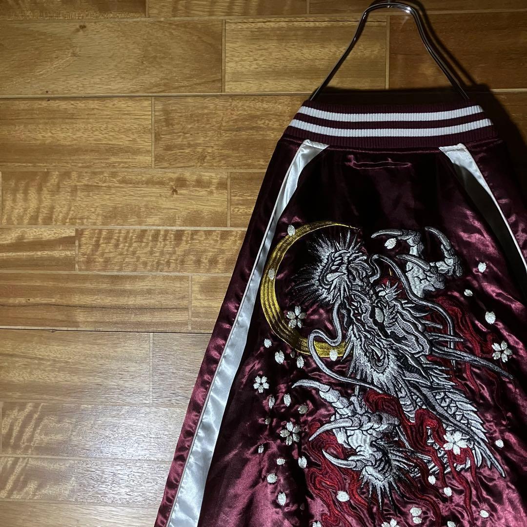 スカジャン　ラグラン　朧　和柄　龍　ドラゴン　桜　月　バイカラー　刺繍　XXL