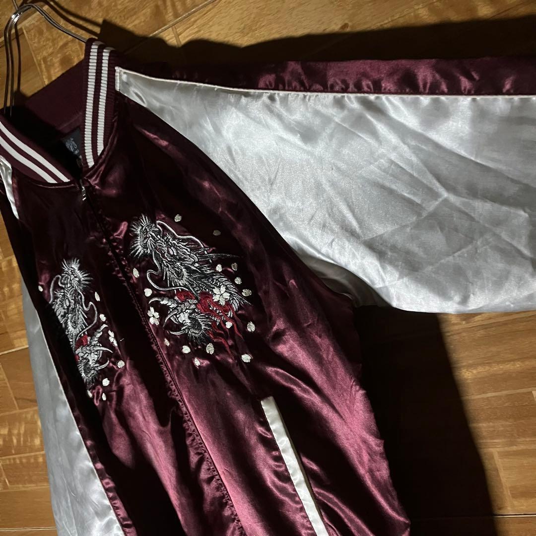 スカジャン　ラグラン　朧　和柄　龍　ドラゴン　桜　月　バイカラー　刺繍　XXL