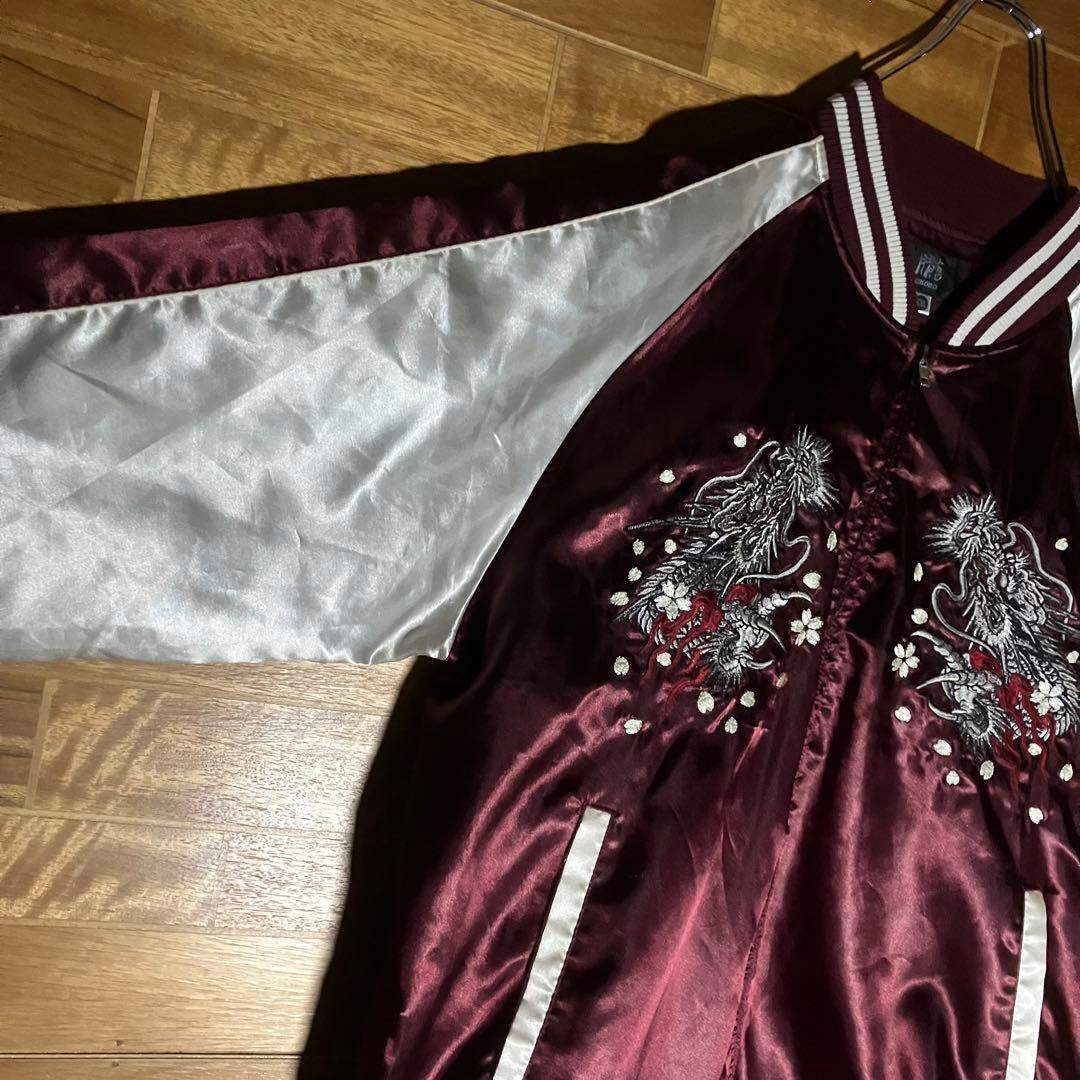 スカジャン　ラグラン　朧　和柄　龍　ドラゴン　桜　月　バイカラー　刺繍　XXL