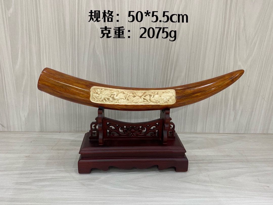 天然マンモス牙美しい手作り彫刻一鷺蓮昇置物