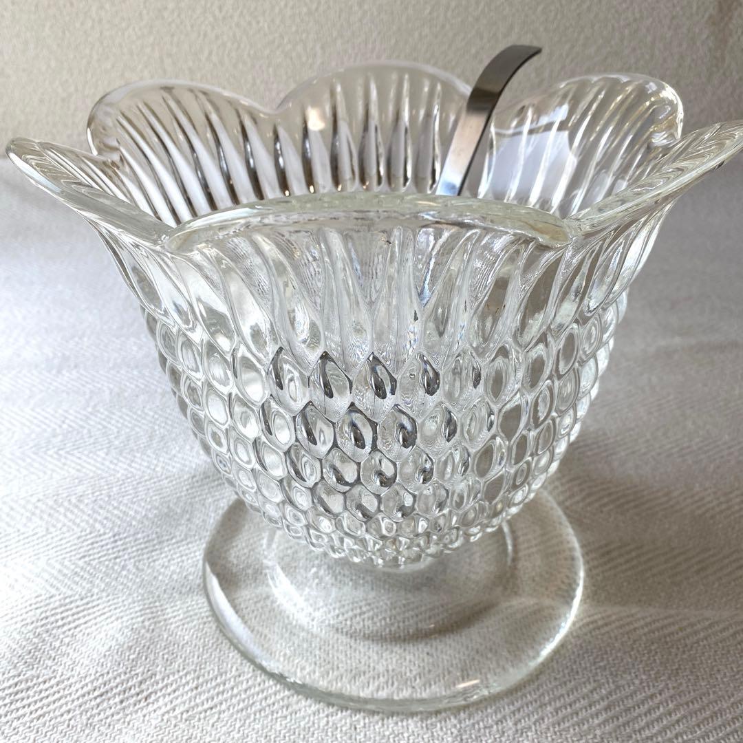 ①70年代 フルーツポンチ クリアプレスガラス 器 大型 花型 お玉付