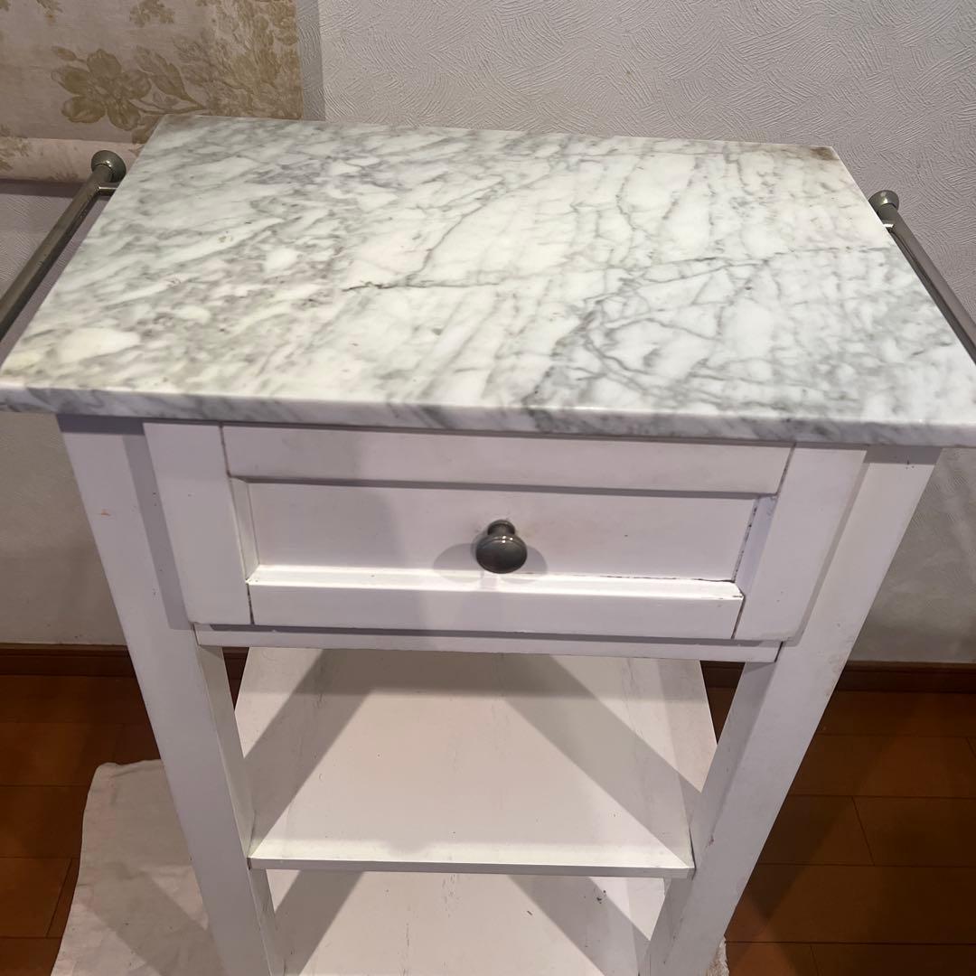 ホワイトサイドテーブル 大理石天板 引き出し付き