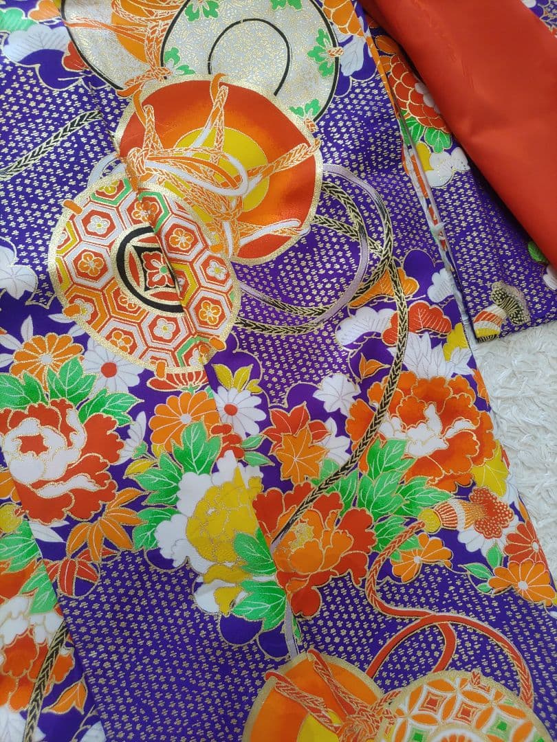 七五三用着物　7歳　紺　紫　金　フルセット　作り帯　正統派　レトロ　まとめて　緑