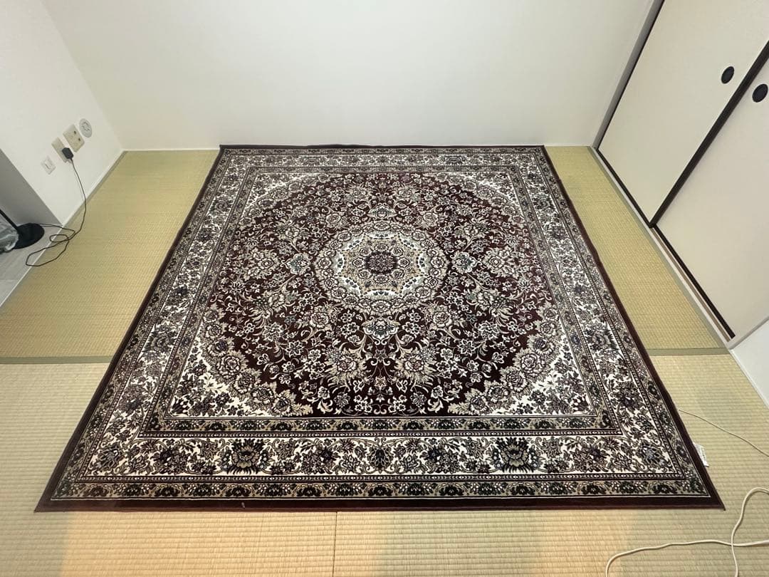 日本製ダークブラウン 花柄ラグ 約243cm x 243cm